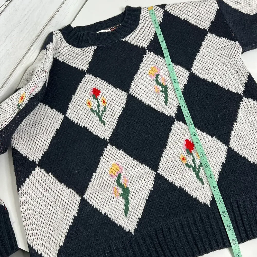Klesis Argyle Floral Knit Sweater Navy White Diamond Pattern Pullover Small